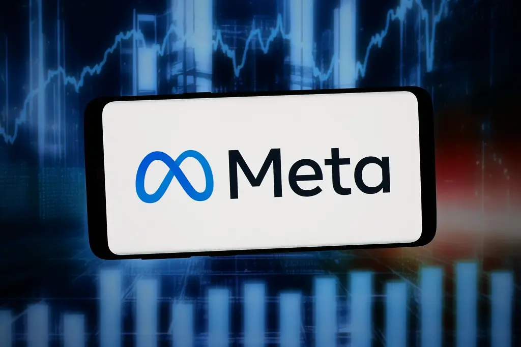 The Meta logo displayed on a smartphone against a stock chart background