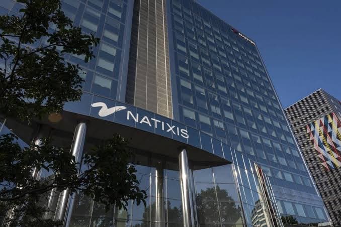 The Natixis logo on an office tower in Tokyo