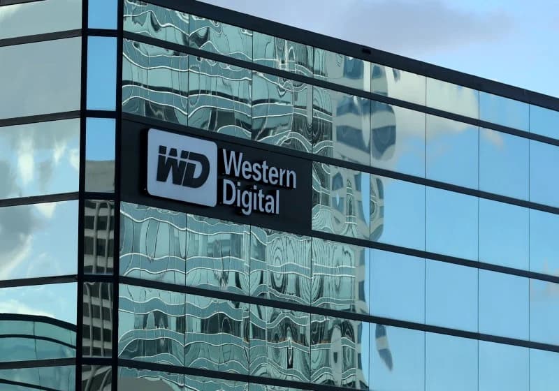 The Western Digital logo on a glass office building